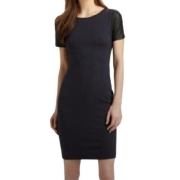 Theory Leilana Black Lamb Leather Panel Trim Short Sleeve Sheath Dress Work 6 - Picture 1 of 11